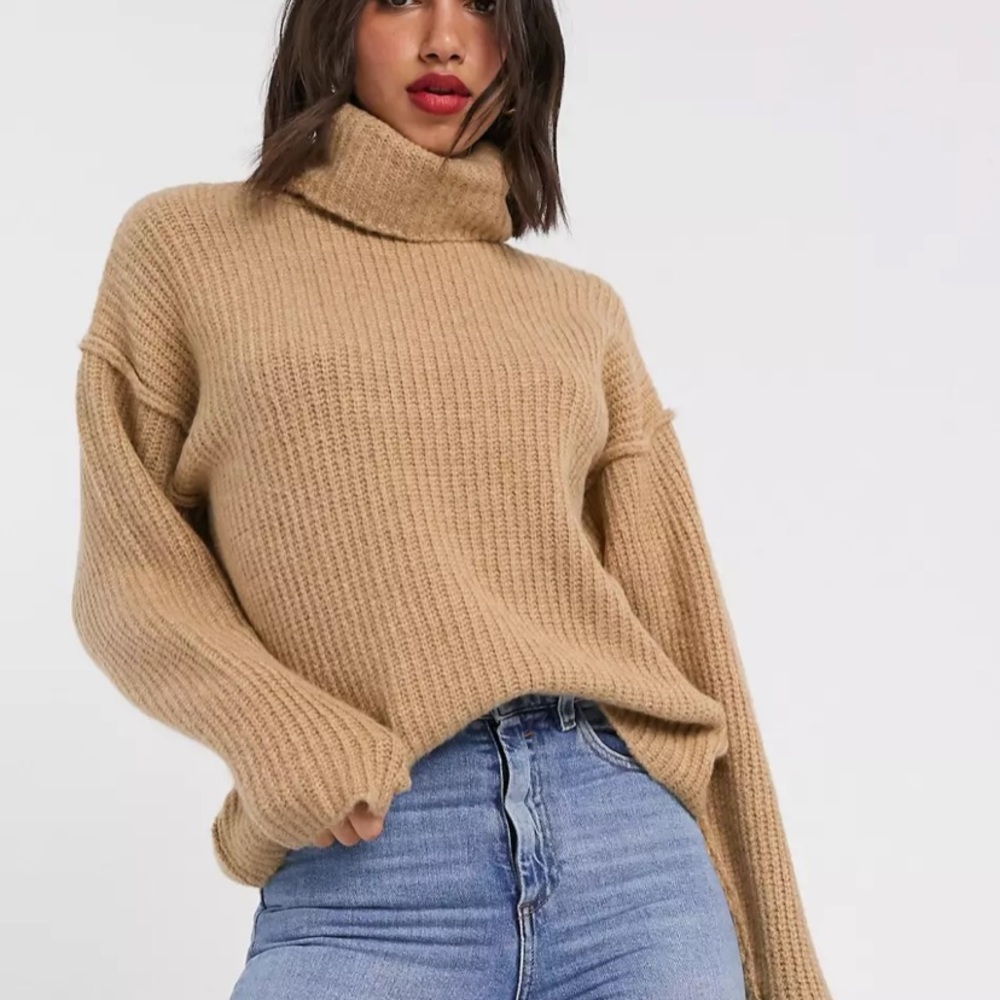 ASOS Design fluffy sweater with cowl neck in camel